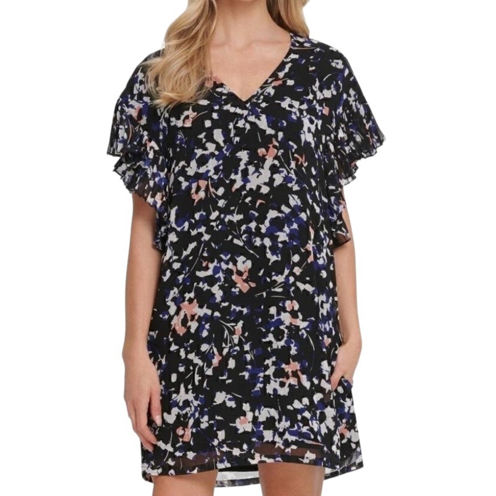 DKNY Flutter Sleeve V Neck Print Mini Dress